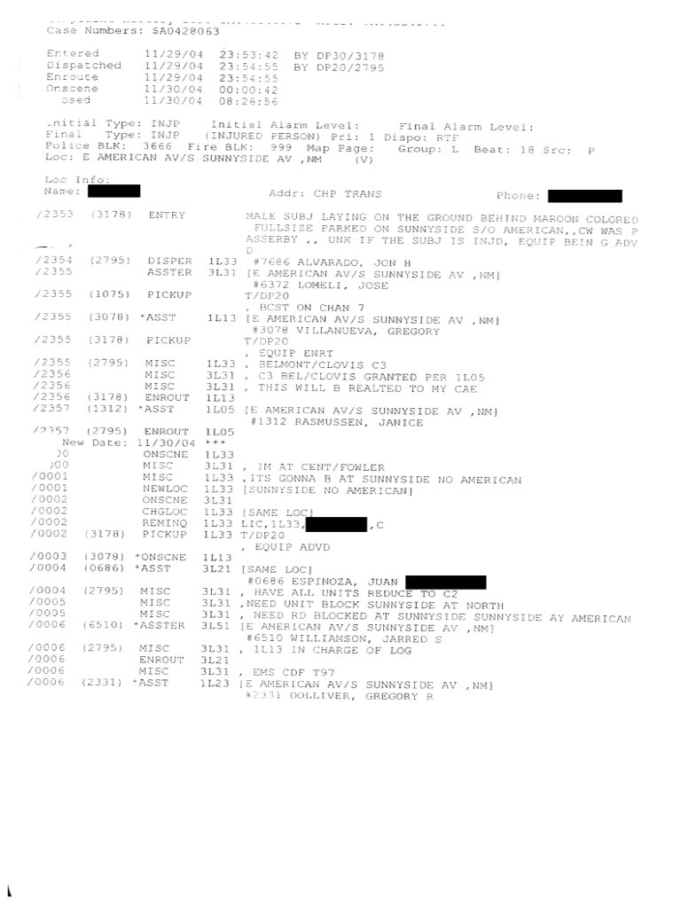 FCSO call-for-service record showing CHP transfer and redacted caller information