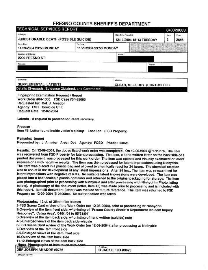FCSO latent-print report concerning the handgun and handwritten note